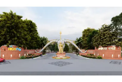 Entrance of Ayodhya Nagari park with a dragon statue, part of a township by High Fly Real Estate Team in Jaipur, Rajasthan